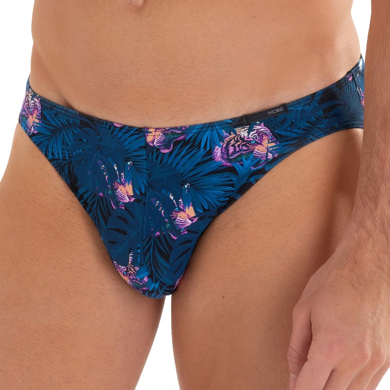 Slip de la marca HOM - Micro Slip Comfort HOM Funky Styles - Azul marino estampado tigre y floral - EDICIÓN LIMITADA - Ref : 402