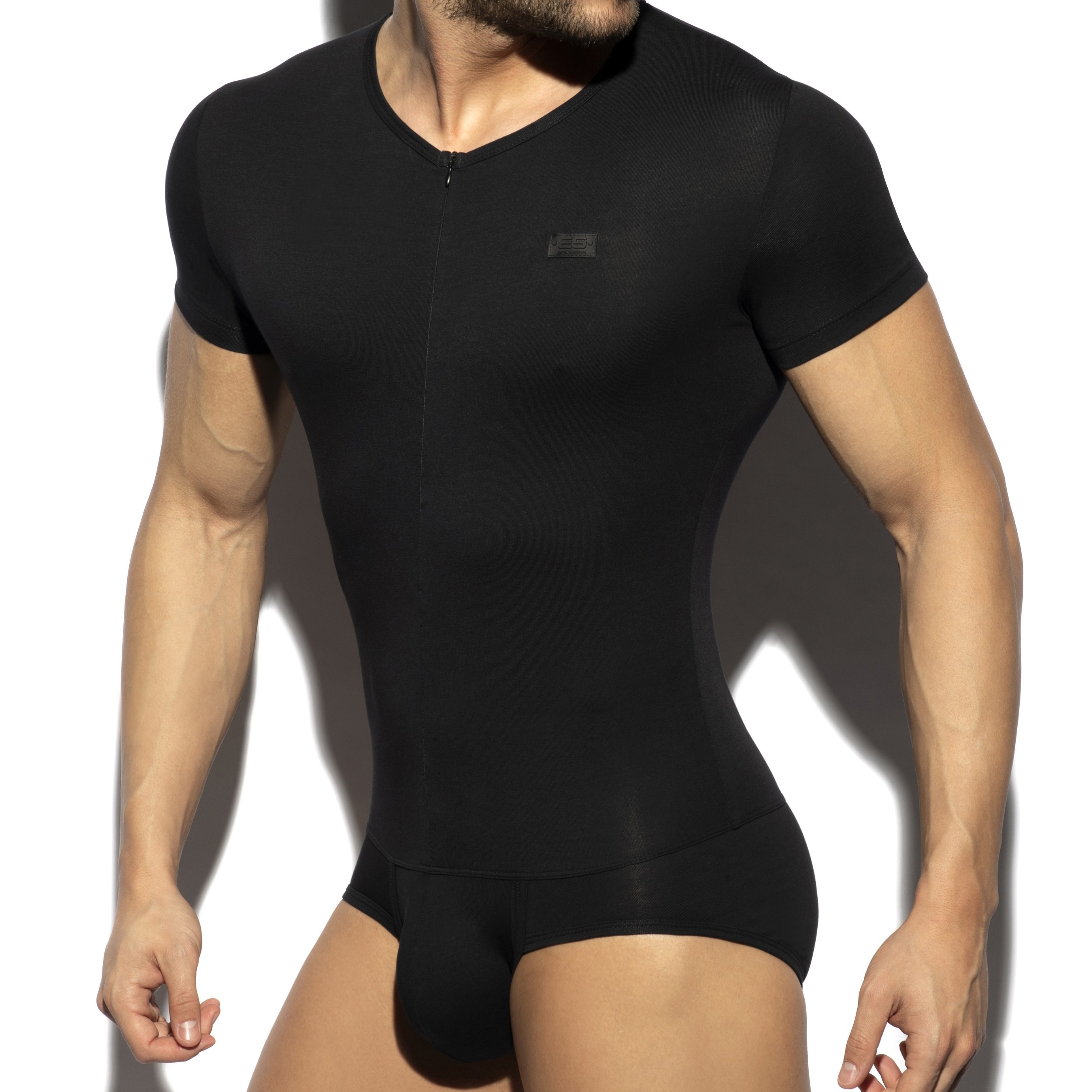 Black Short Sleeve V Neck Bodysuit, PANTEE