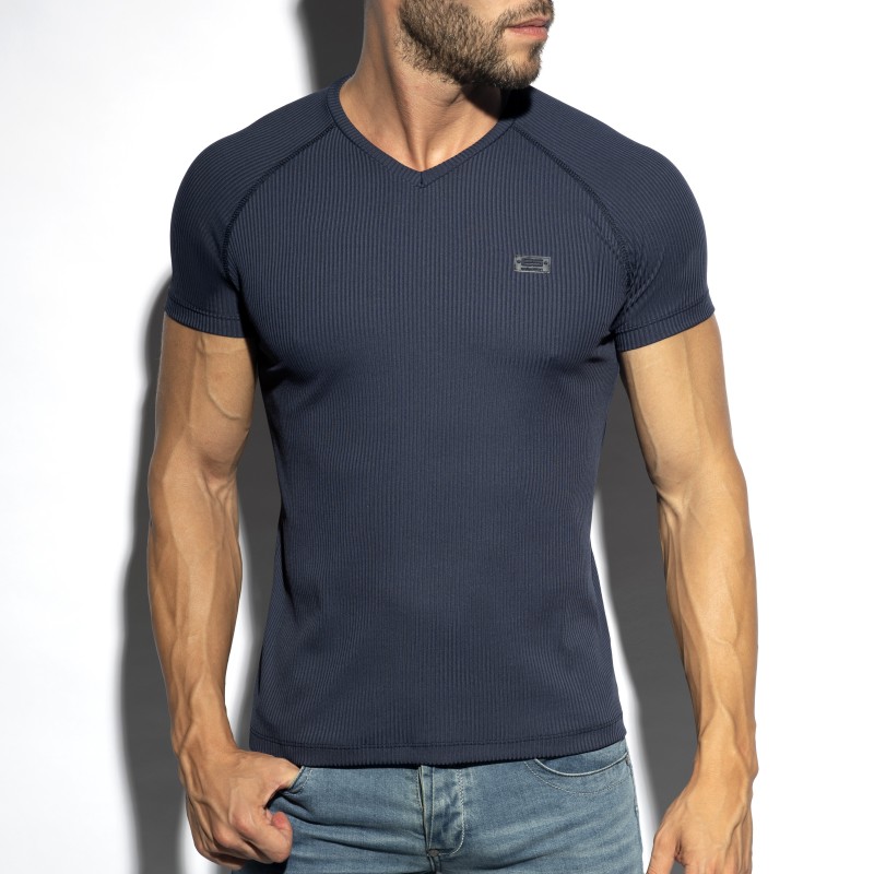 Maniche del marchio ES COLLECTION - T-shirt Scollo a V riciclata a costine - navy - Ref : TS299 C09